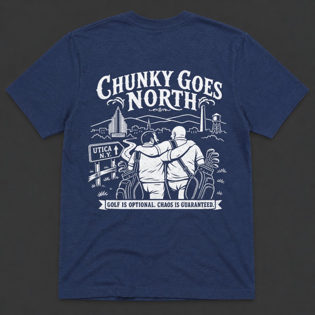 2026 tee back: Chunky Goes North art, heather navy
