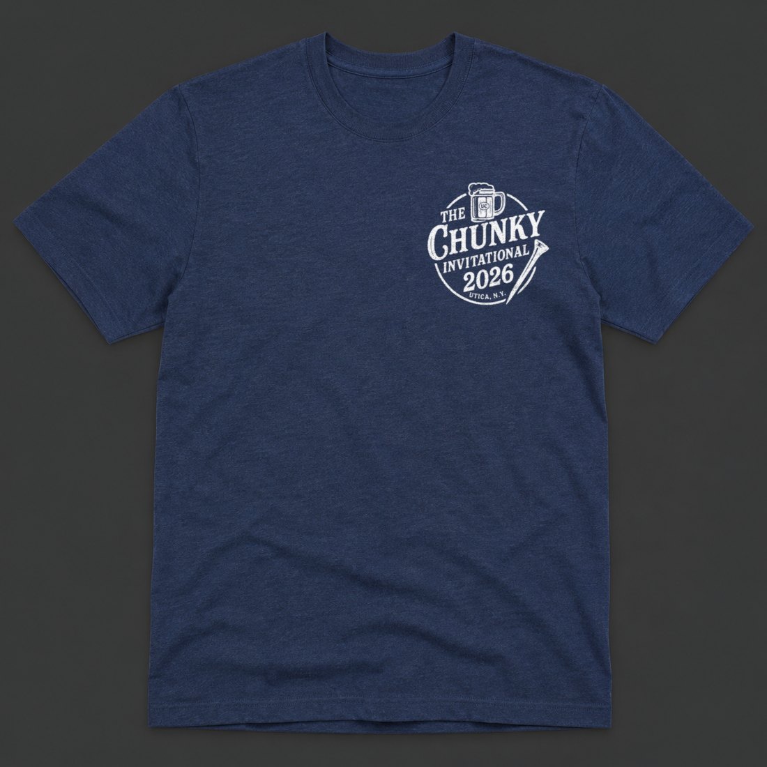 2026 tee front: badge on the chest, heather navy
